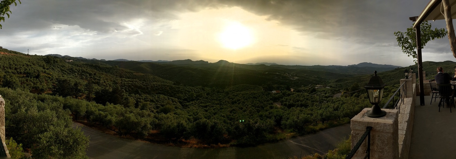 Wide shot sunset over vineyard in Agia Roumeli