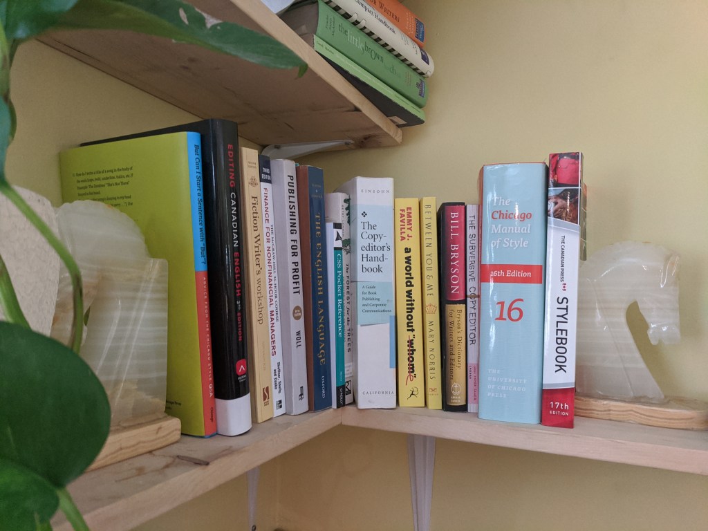 Side bookshelf filled with book editing and publishing resources